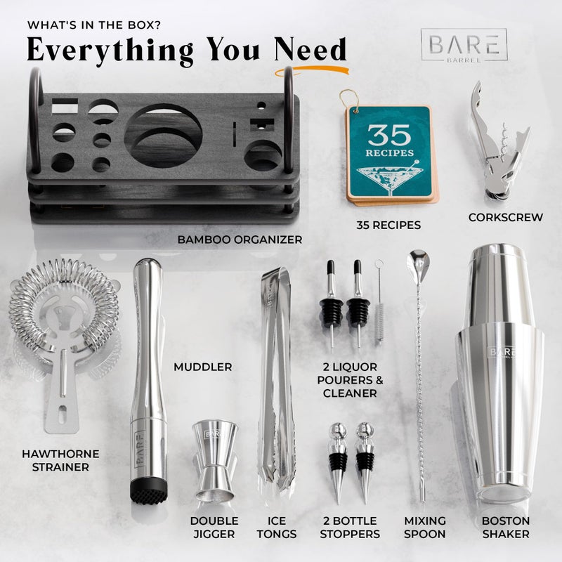 BARE BARREL Mixology Bartender Kit Bar Set | 14-Piece Cocktail Shaker Set | Martini Barware Mixing Tools for Home Bartending | 35 Recipe Cards | Gift Set (28oz Boston Shaker  Silver/Black) - Image 4